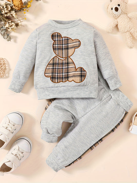 Baby Boy Cute Bear Embroidered Round Neck Long Sleeved Sweatshirt And Pants Set