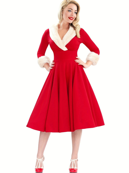 Fuzzy Solid Dress, Vintage V Neck Christmas Party Midi Dress, Women's Clothing
