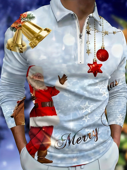 3D Christmas Themed Print Men's Long Sleeve Zipper Lapel Shirt, Trendy Graphic Male Shirt For Spring Fall