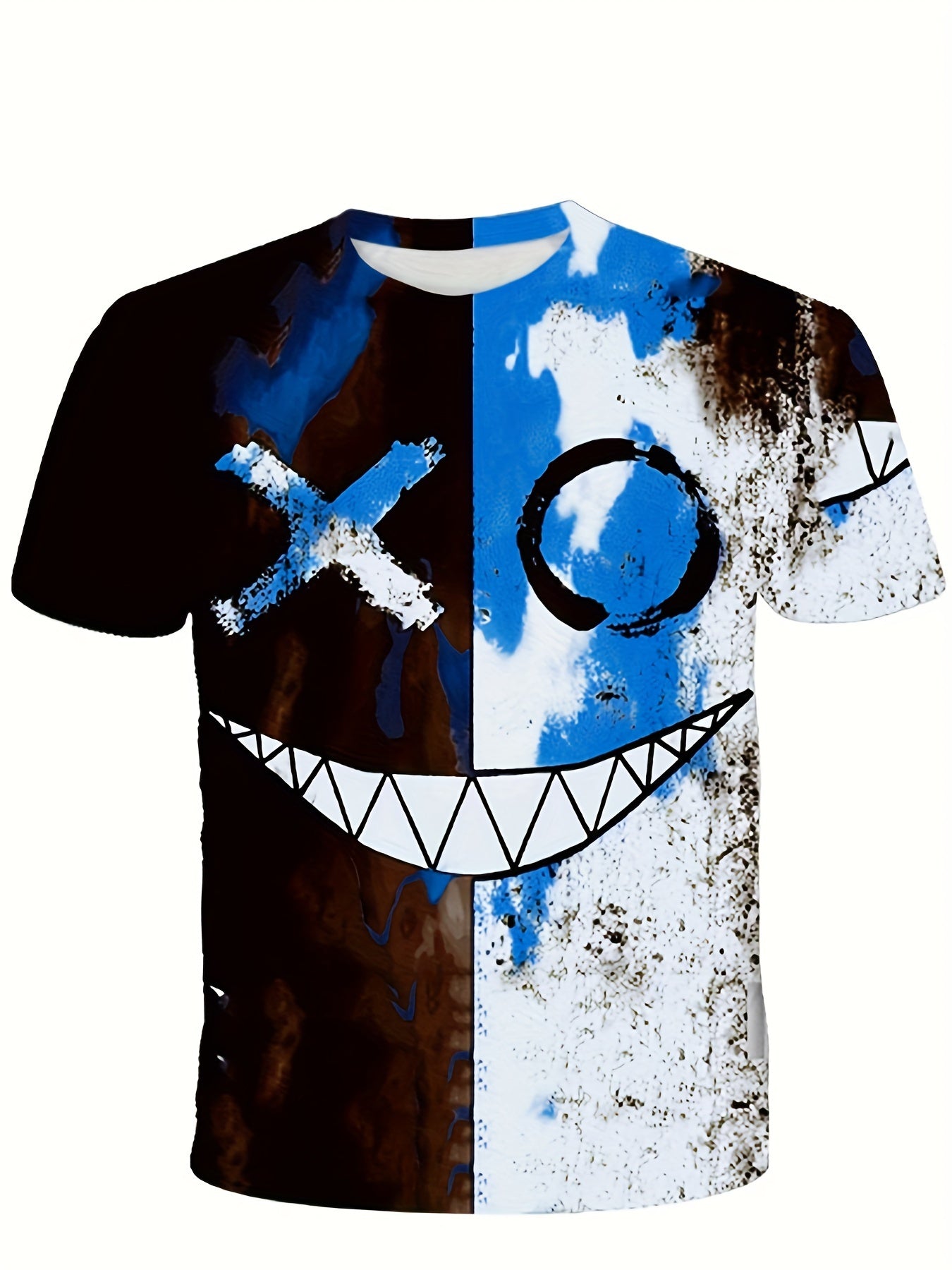 Colorful Graffiti Face T-Shirt For Boys - 3D Digital Print, Active & Stretchy Short Sleeve Tee For Summer Outdoor Fun