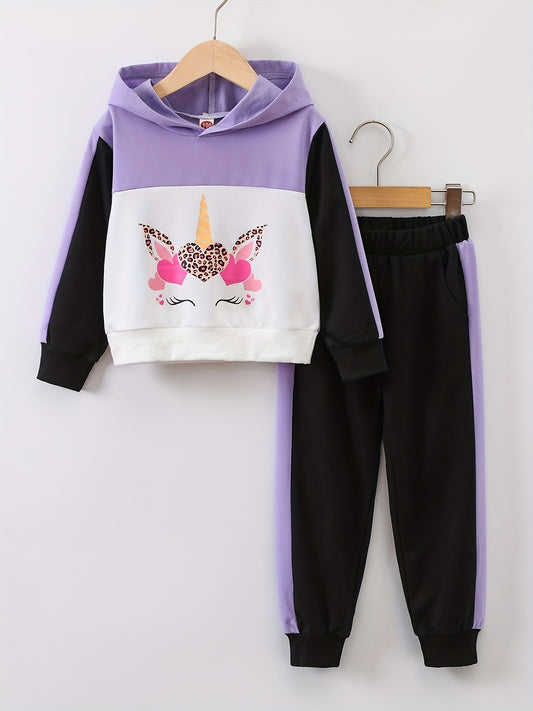 Girls Long Sleeve Hoodie & Sweatpants 2pcs Set Contrast Color Unicorn Print Casual Kids Clothes