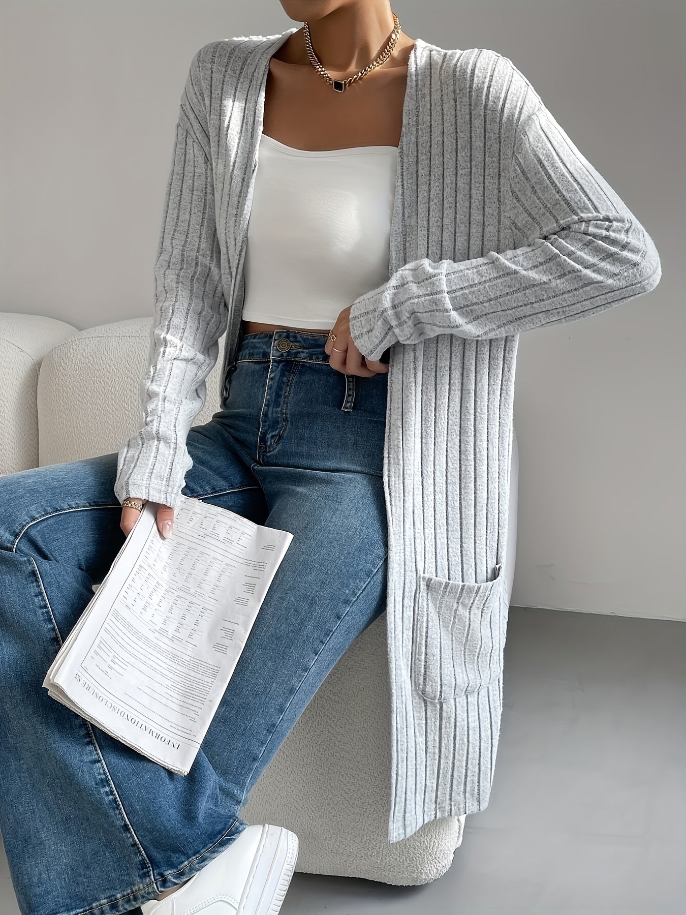 Solid Open Front Rib Knit Cardigan, Casual Long Sleeve Mid Length Sweater With Pocket, Women's Clothing