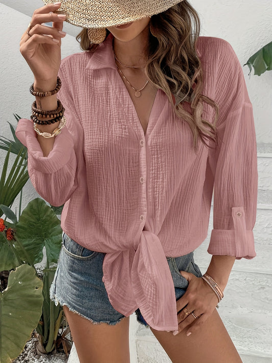Solid Button Front Shirt, Casual Long Sleeve Lapel Comfy Shirt, Women's Clothing