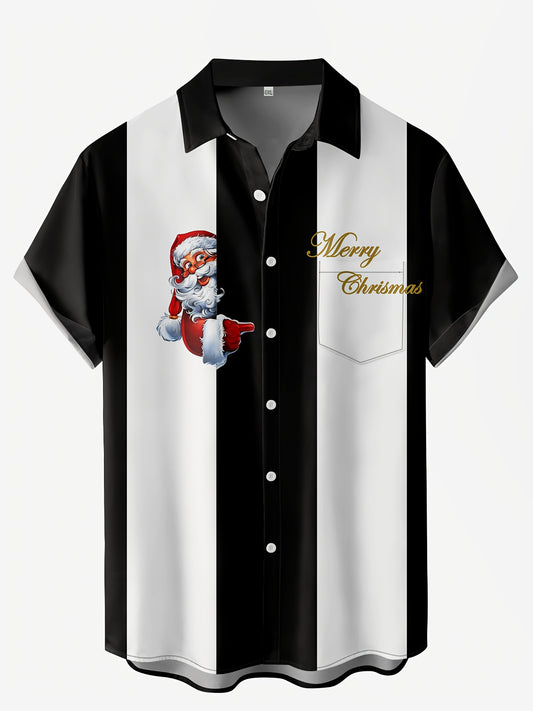 Plus Size Men's Contrast Color Shirt Christmas Santa Claus Print Shirt Fashion Short Sleeve Tops For Summer, Men's Clothing