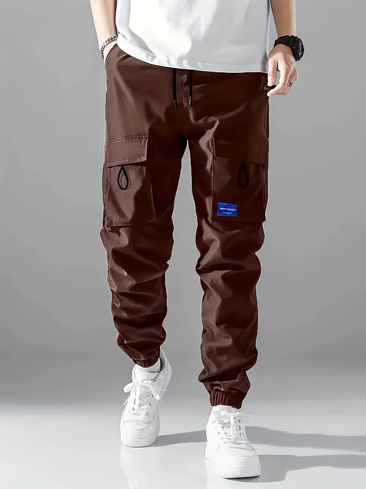 Classic Design Multi Flap Pockets Solid Cargo Pants,Men's Loose Fit Drawstring Cargo Pants，For Skateboarding,Street,Outdoor Camping