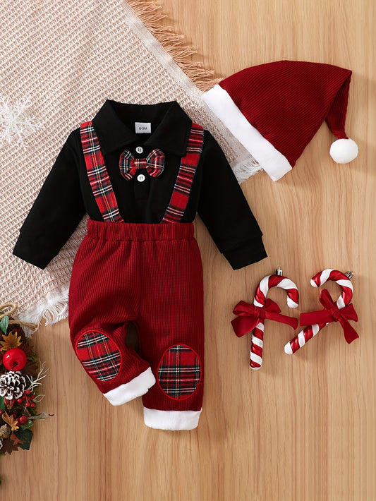 Toddler Baby Boys Bow Tie Long Sleeve Romper + Waffle Splicing Bib Pants + Hat 3pcs Cute Set Party Christmas Outfit
