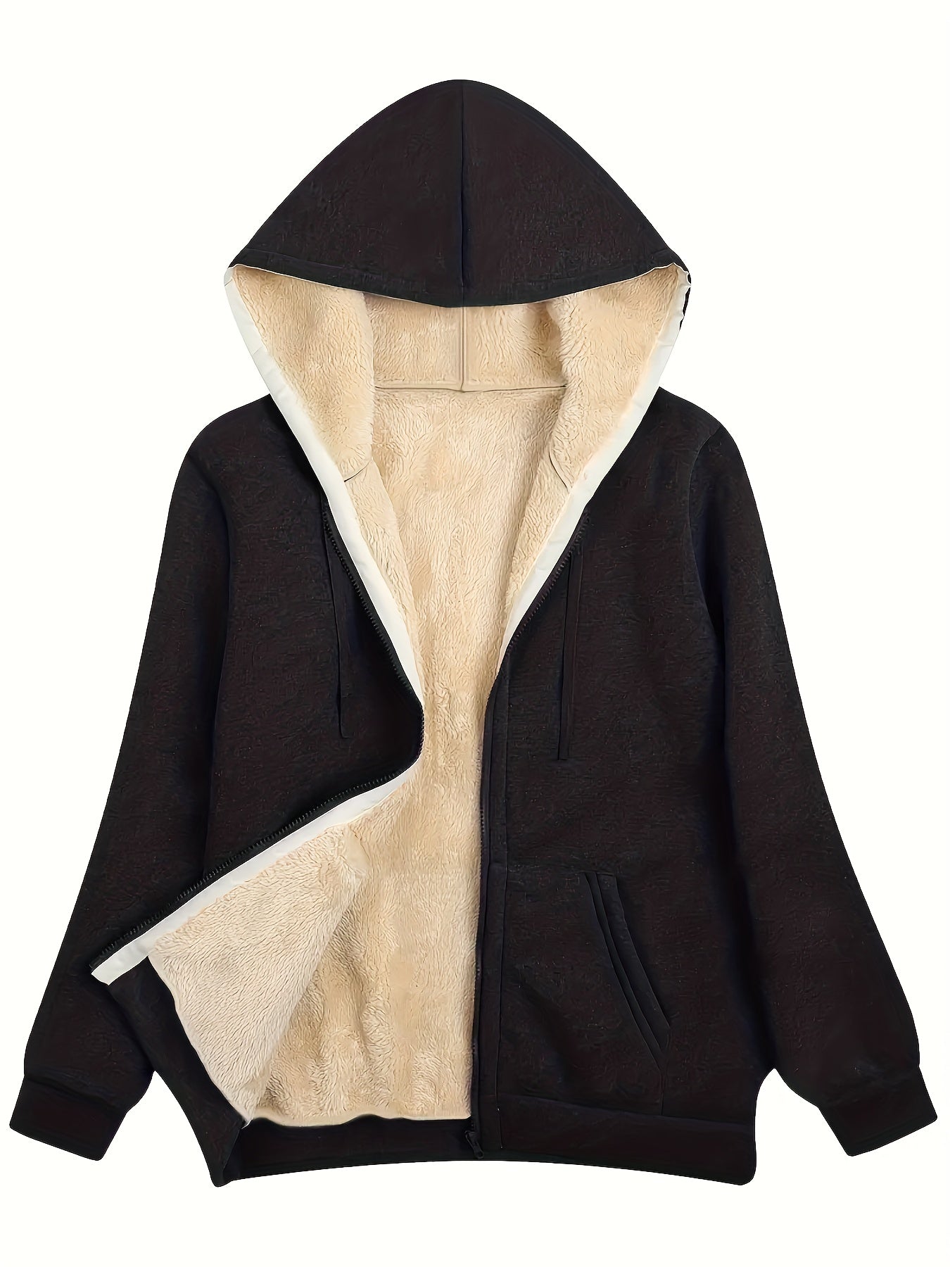 Plus Size Casual Coat, Women's Plus Solid Liner Fleece Hooded Long Sleeve Zip Up Coat With Pockets