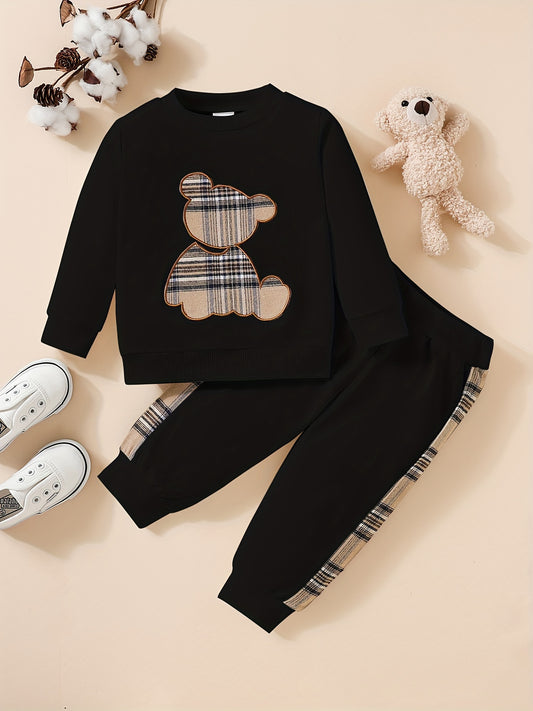 Adorable 2pcs Outfit For Toddler Girls & Boys - Bear Embroidery Sweatshirt & Splicing Pants!