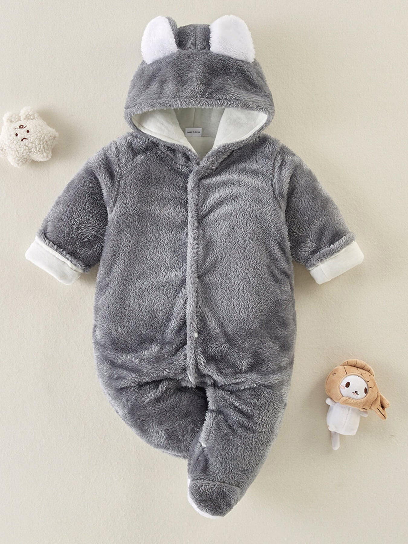 Baby Plush Long Sleeve Faux Fur Jumpsuit With Bear Ears Design For Fall Winter New