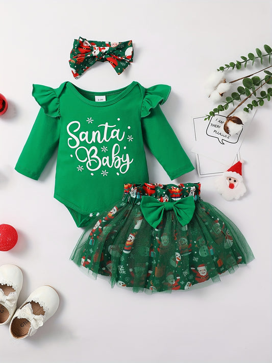 Baby Girls Adorable Christmas Outfit Infant Long Sleeve Romper & Snowman Print Tulle Dresses Set Festival Party Dress Up