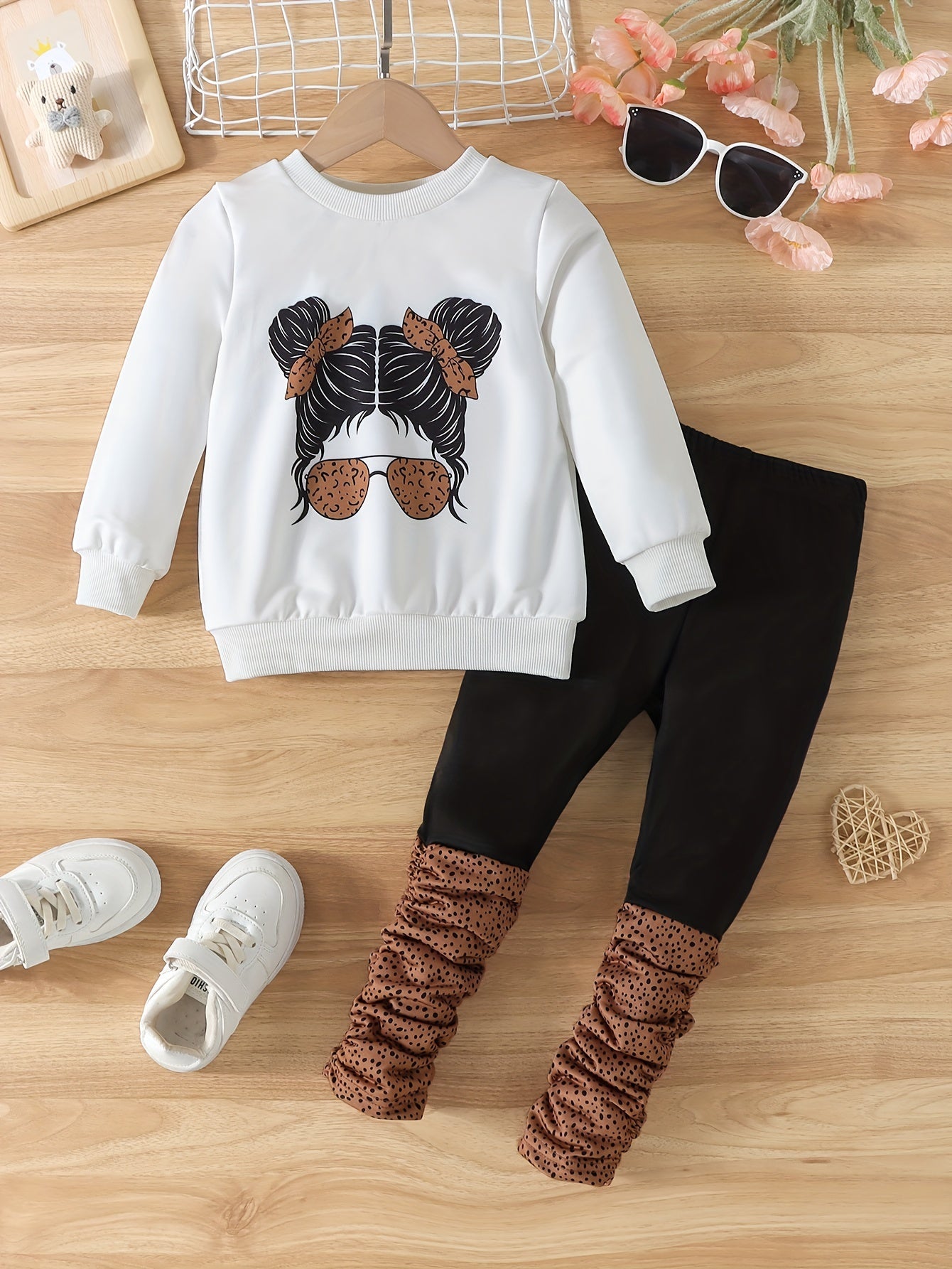 Girl's Floral Pattern Outfit 2pcs, Portrait Graphic Sweatshirt & Pants Set, Kid's Clothes For Spring Fall