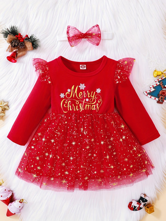Christmas Baby Girls Long Sleeve Ruffle Mesh Princess Dress Party Costume Clothes
