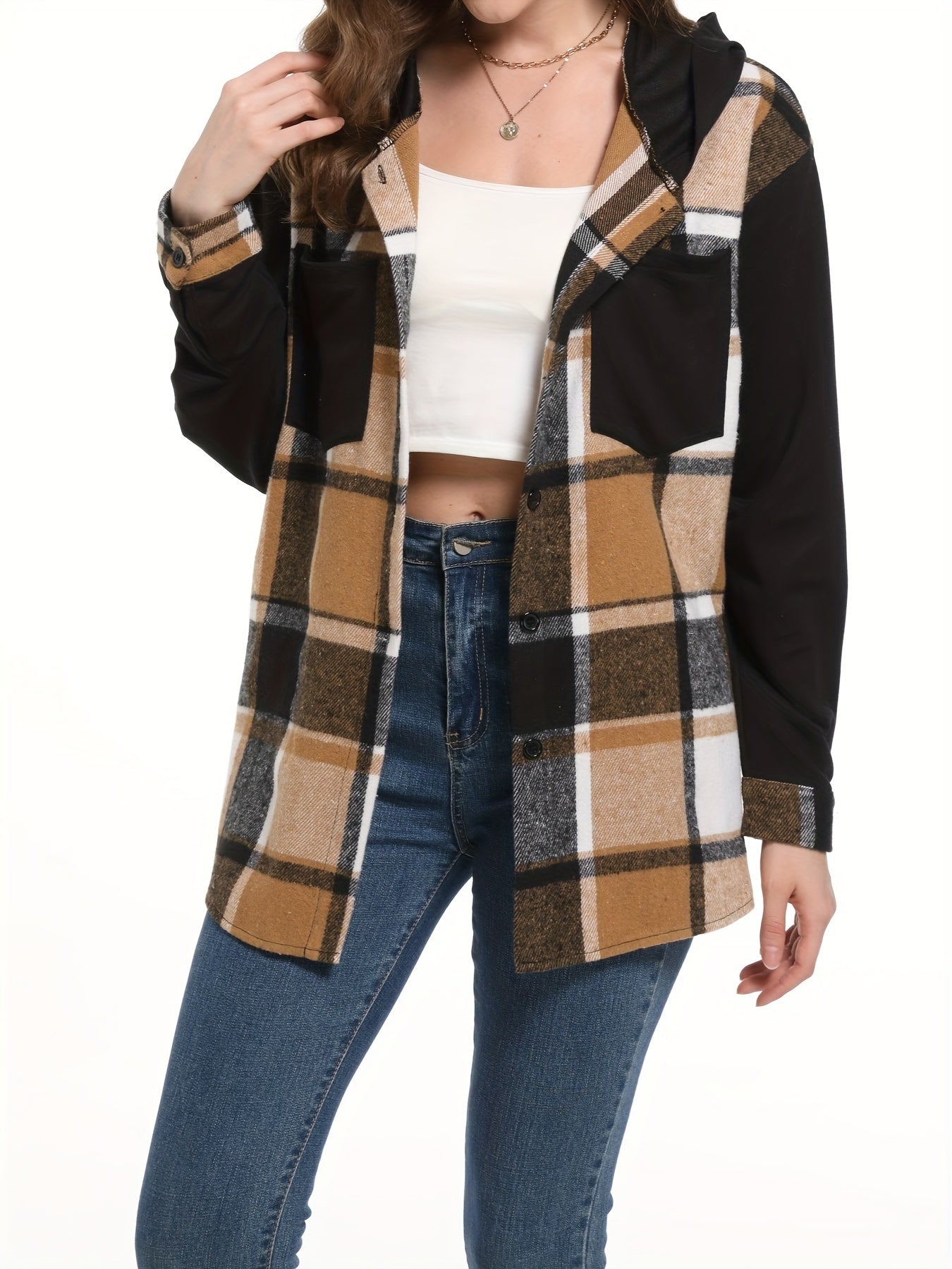 Plaid Print Hooded Jacket, Casual Button Front Long Sleeve Outerwear, Women's Clothing