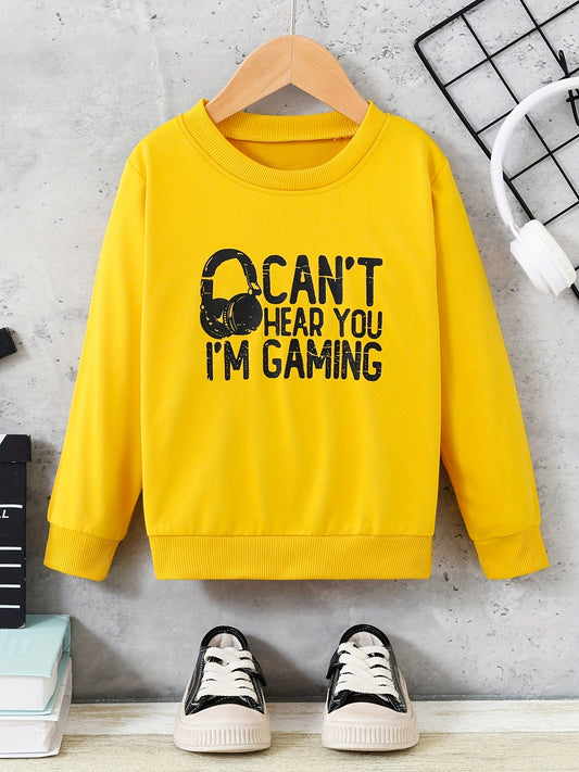 Earphone Print Kid's Sweatshirt, CAN'T HEAR YOU, I'M GAMING Print Causal Long Sleeve Top, Boy's Clothes For Spring Fall Winter