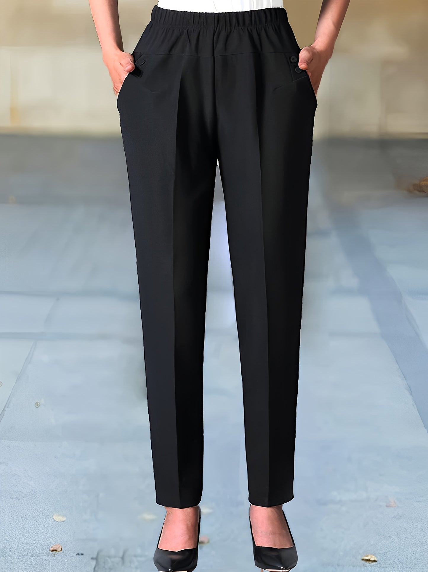 Solid Elastic Waist Slim Pants, Casual Slant Pocket Tapered Suit Pants, Women's Clothing