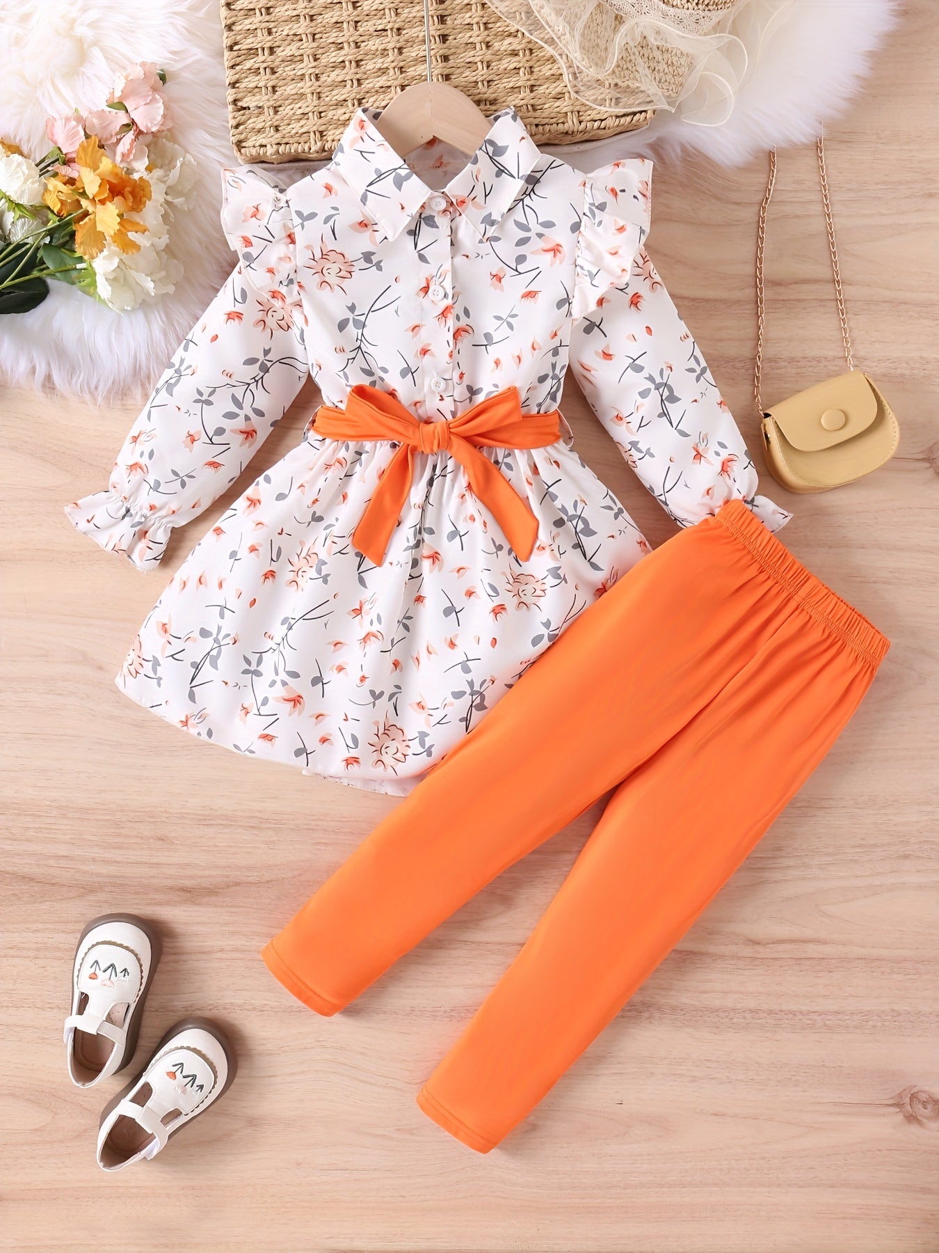 Girl's 2pcs Long Sleeve Shirt With Belt & Pants Set, Ruffle Decor Trendy Casual Outfits, Kids Clothes For Spring Fall