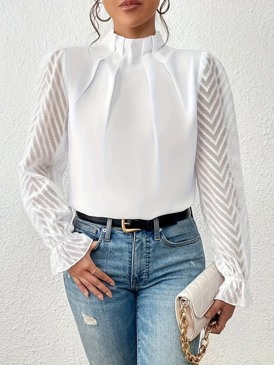 Solid Contrast Mesh Blouse, Elegant Mock Neck Ruched Blouse, Women's Clothing