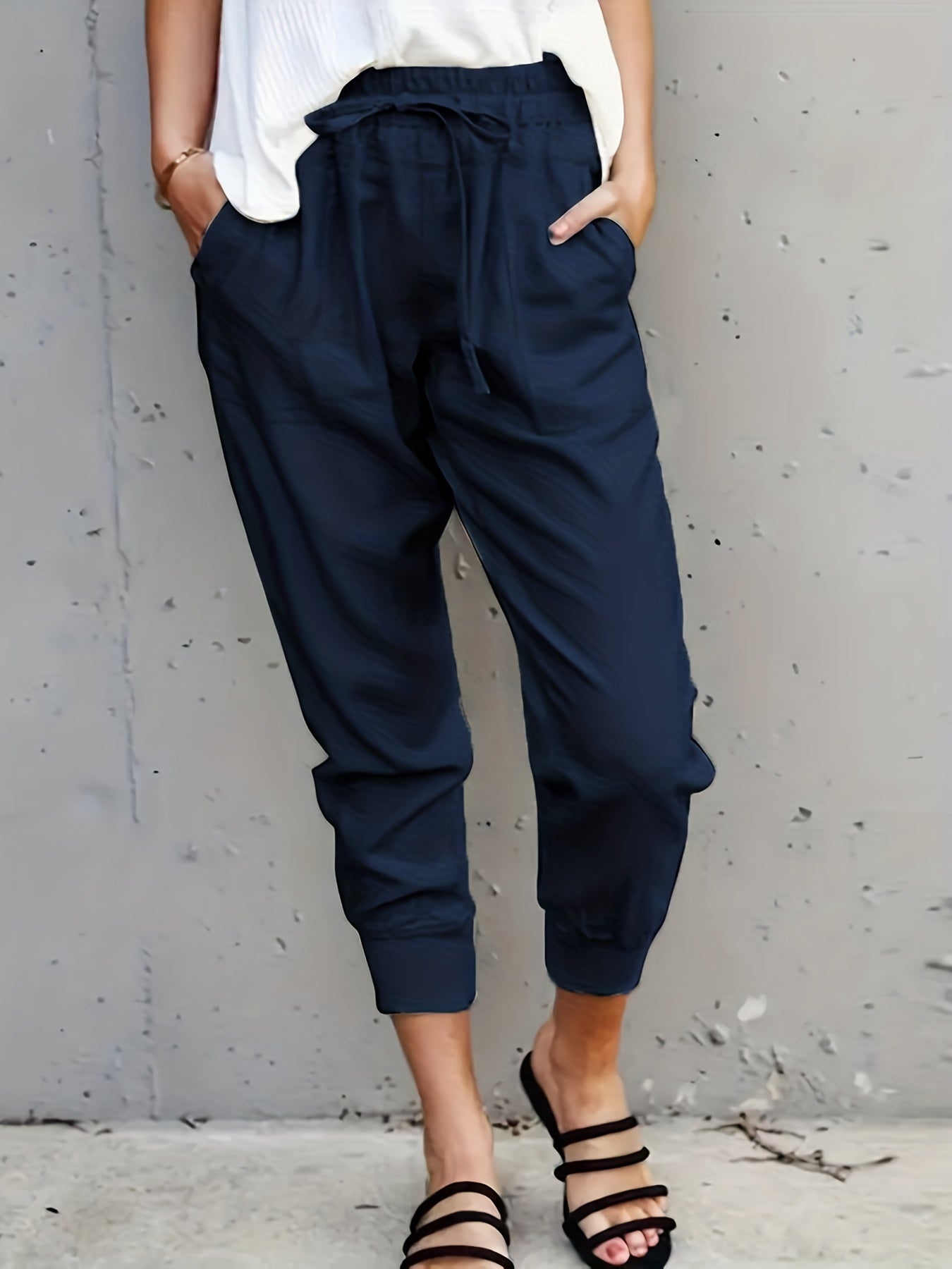 Minimalist Drawstring Waist Pants, Solid Casual Pants For Spring & Summer, Women's Clothing