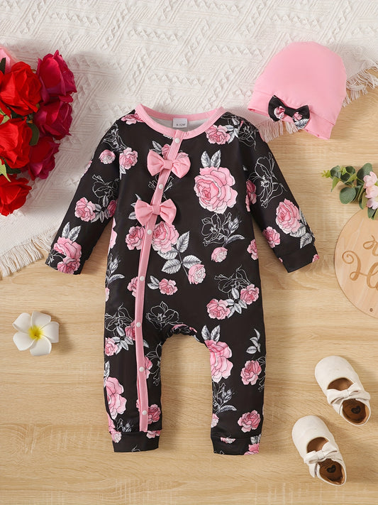 Baby Girl Floral Printed Button Up Long Sleeve Bodysuit With Bowknot, Cute Casual Jumpsuit