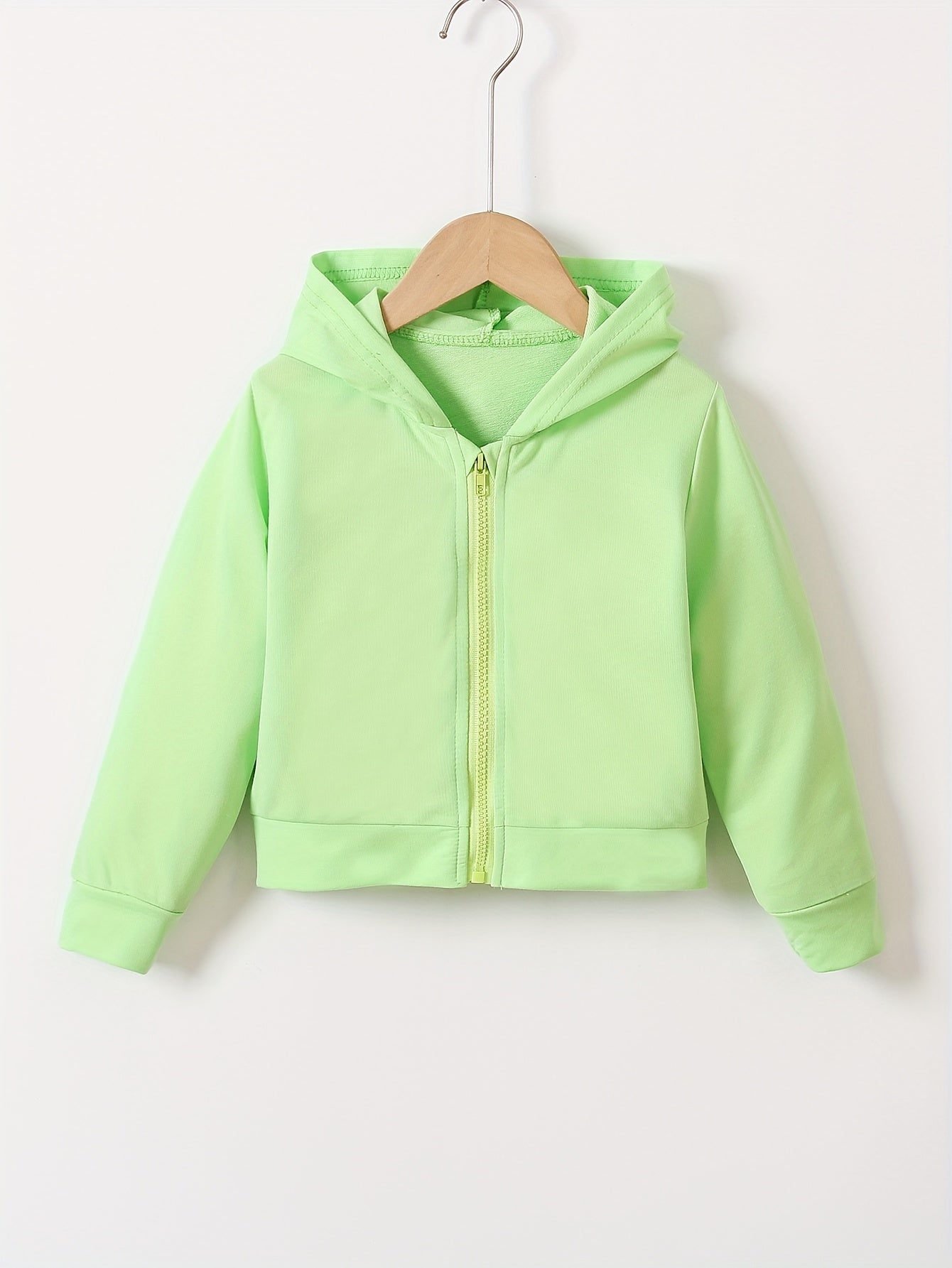 Girls Plain Color Hooded Jacket Zipper Casual Long Sleeve Cardigan For Kids 4-7 Years Old