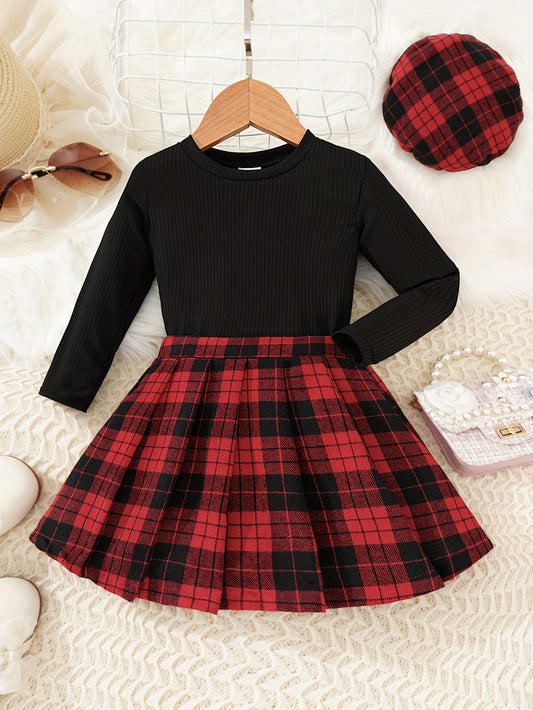 Girls 3pcs Ribbed Knit Long Sleeve Top & Plaid Pleated Skirt & Plaid Beret Set Kids Clothes For Party, Gift