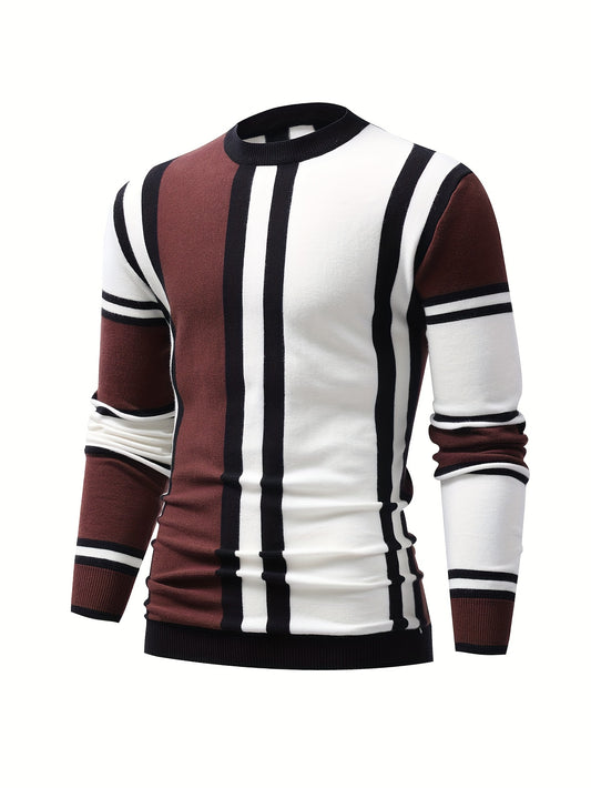 Color Block Design Chic Sweater, Men's Casual Warm High Stretch Crew Neck Pullover Sweater For Fall Winter