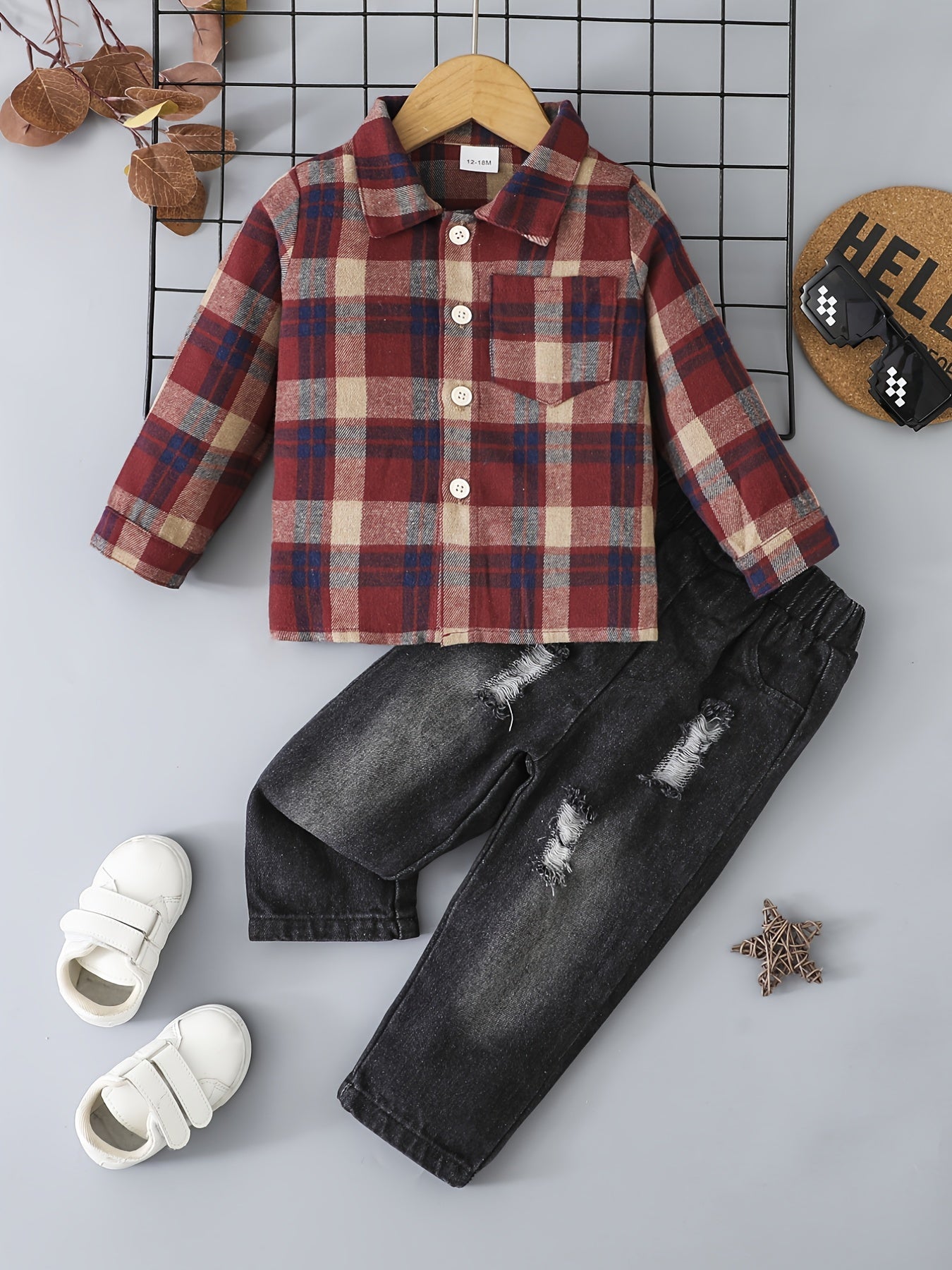 2pcs Baby Boys Plaid Long Sleeve Shirt Top & Ripped Denim Jeans Set Toddler Clothes