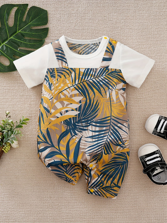 Cute Leaf Print Vacation Style Cotton Infant Romper - Summer Baby Boys Short Sleeve Bodysuit