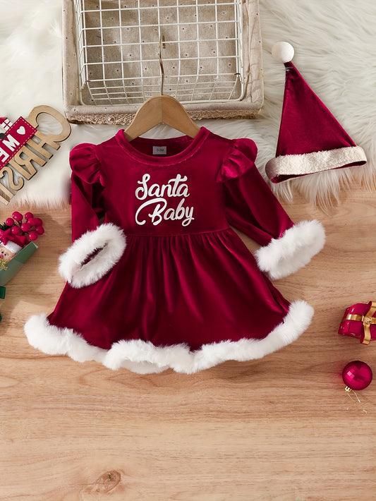 2pcs Baby Christmas Letter Print Plush Long Sleeve Triangle Bodysuit Hairball Hat Set, Kid's Party Casual Clothes