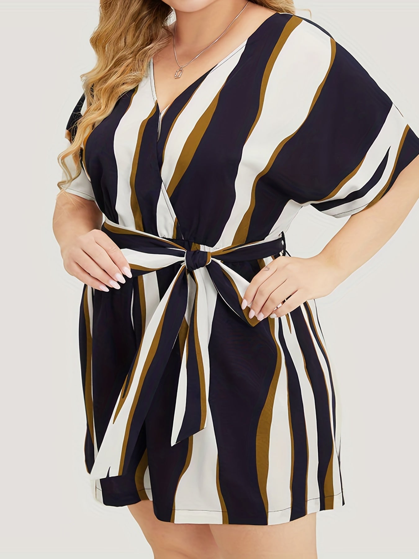 Plus Size Elegant Romper, Women's Plus Stripe Print Batwing Sleeve Surplice Neck Loose Fit Romper With Belt