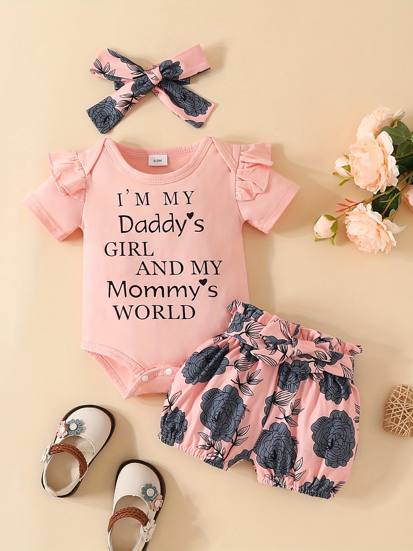 Baby Girl's "I'm My Daddy's Girl And My Mommy's World" Graphic Onesie & Floral Shorts & Headband Set