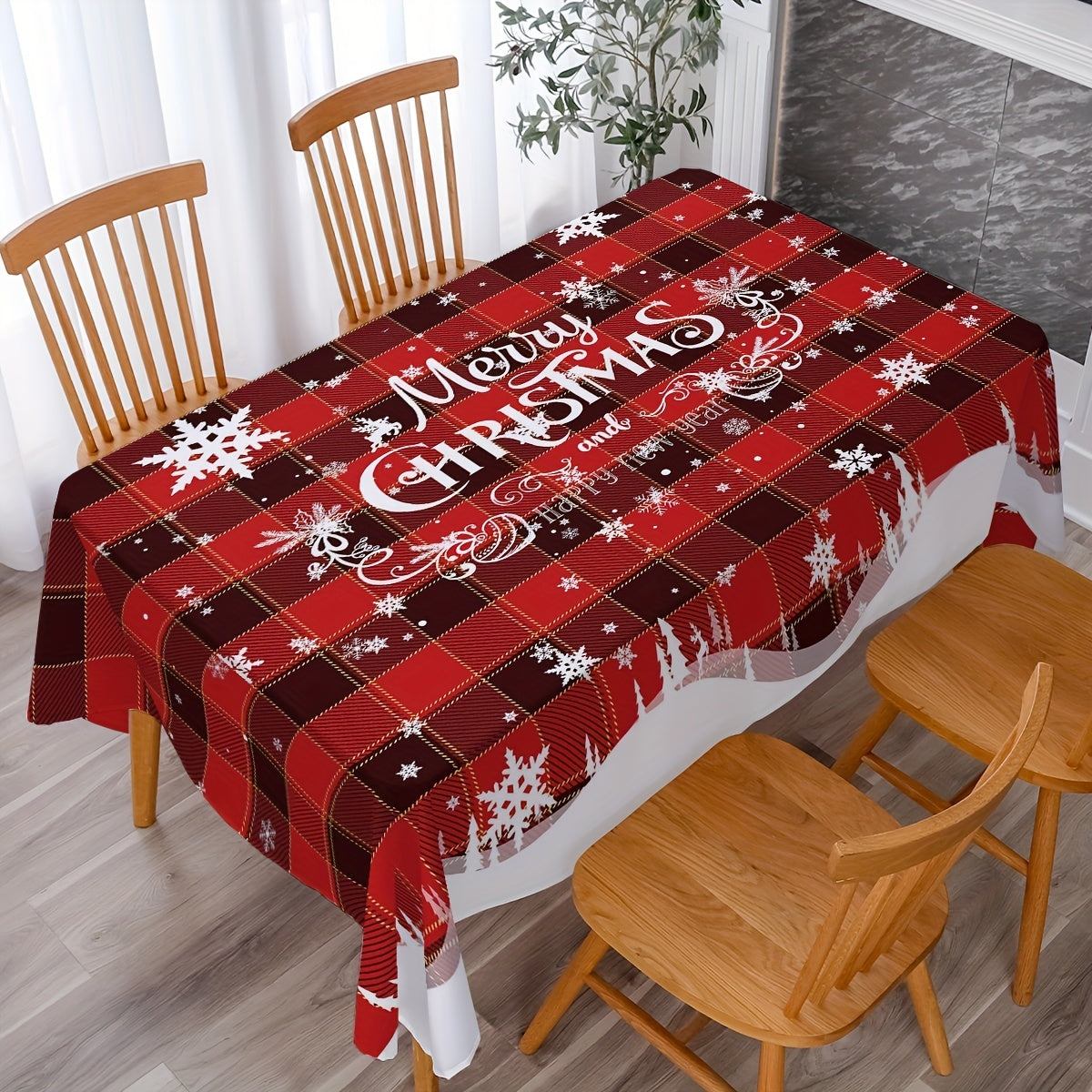 1pc, Polyester Table Cloth, Merry Christmas Table Cover, Red Black Plaid Snowflake Pattern Table Cover, Christmas Atmospheric Tablecloth, Holiday Desktop Decoration Fabric Table Cloth, Home Decoration, Christmas Decor, Gift