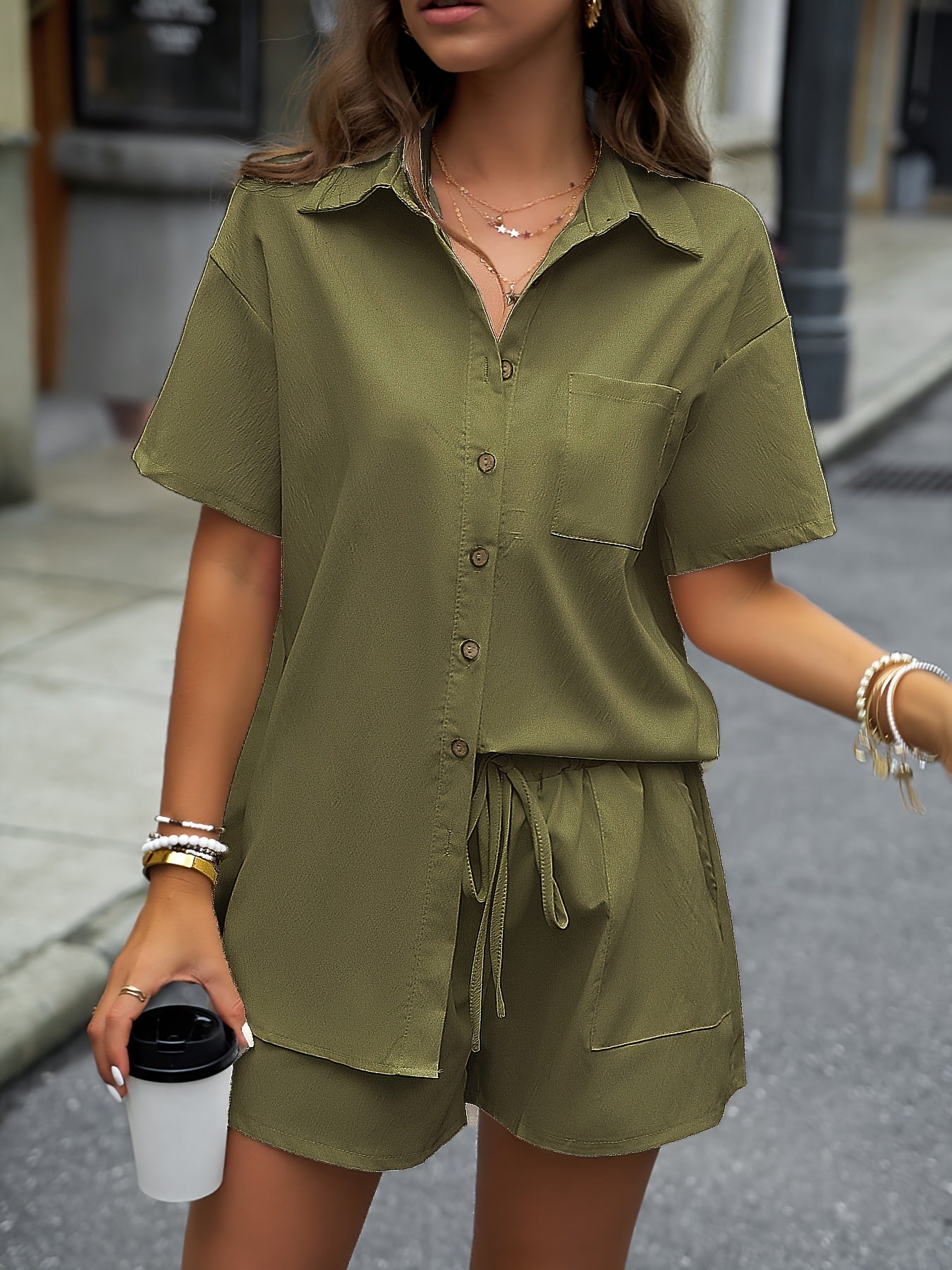 Solid Casual Two-piece Set, Button Front Turn Down Collar Mid Length Shirt & Drawstring Elastic Waist Shorts Outfits, Women's Clothing