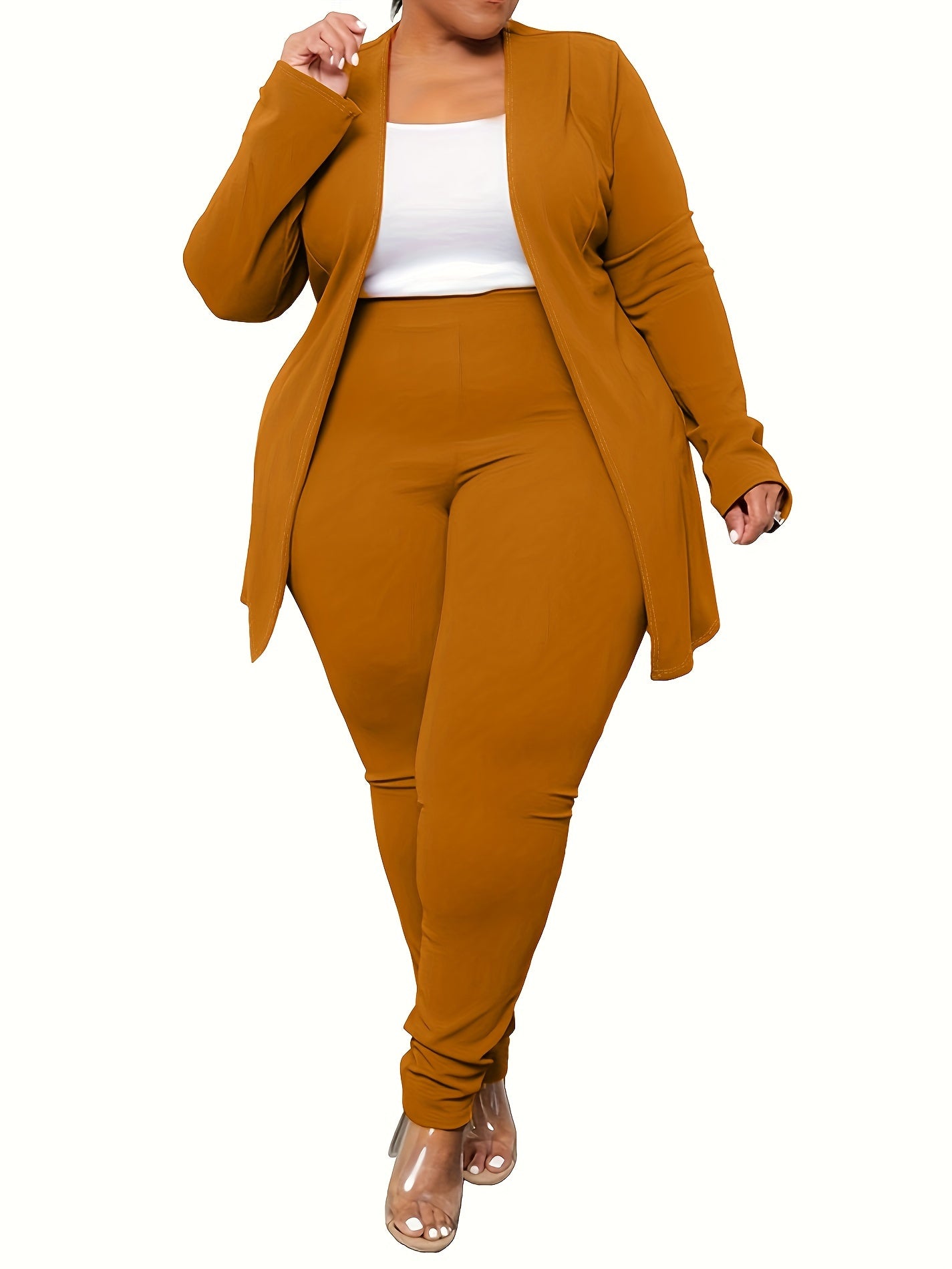 Plus Size Casual Outfits Set, Women's Plus Solid Long Sleeve Open Front Top & Leggings Outfits Two Piece Set