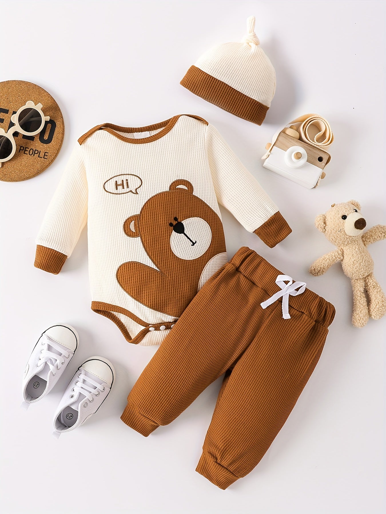 Waffle Bear Embroidery Cute Outfit Toddler Baby Boys Clothes Long Sleeve Triangle Romper +Casual Trousers + Hat Set For Fall Winter