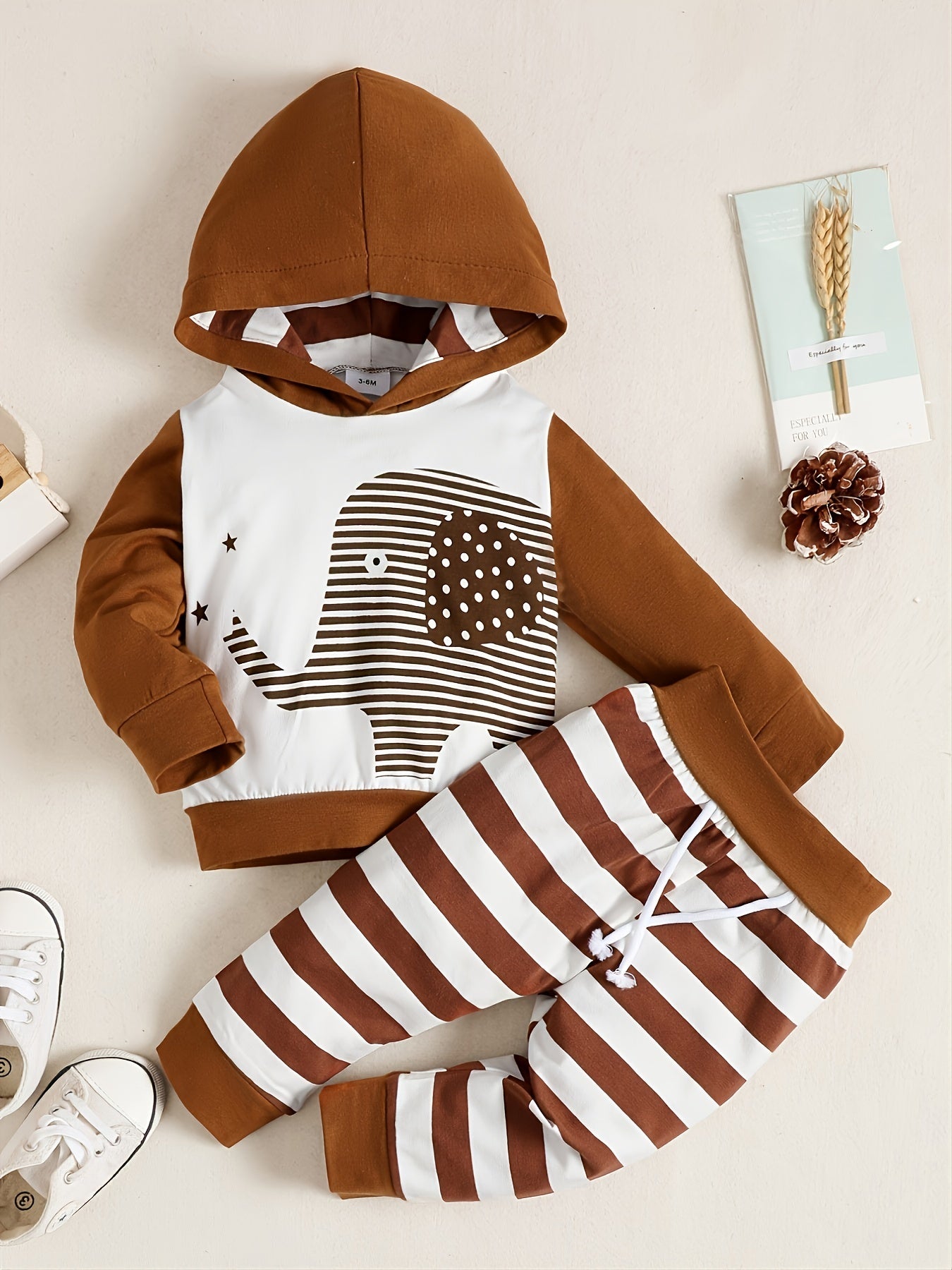 2pcs Baby Boys Elephant Long Sleeve Hoodie & Striped Pants Set Clothes