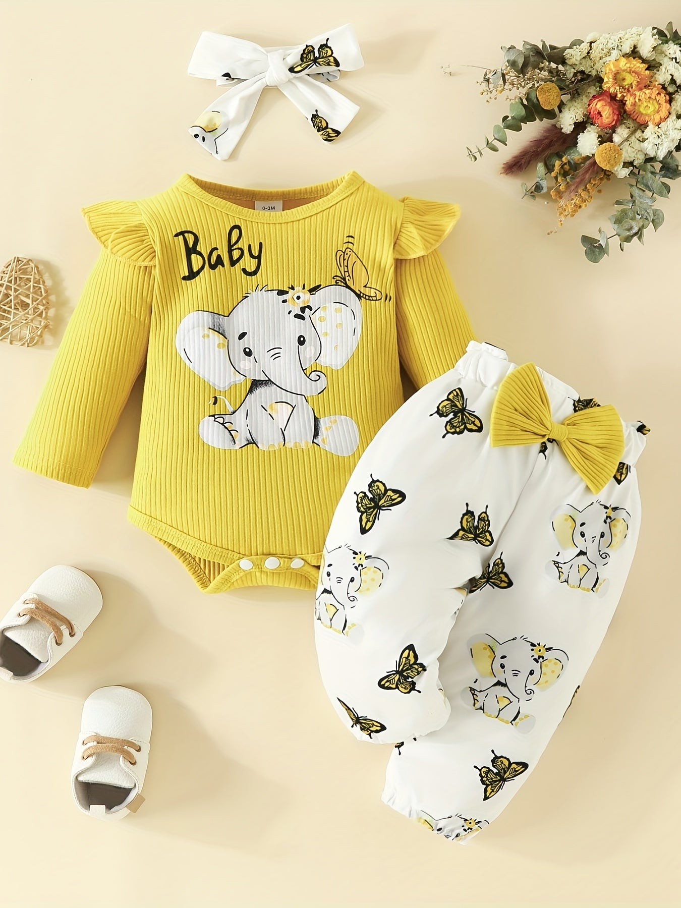 3pcs Cute Elephant Butterfly Graphic Long Sleeve Triangle Romper & Bow Pants & Free Headband Set, Baby Girl's Lovely Casual Outfits Of Multicolor Options