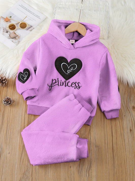 Girls Hoodie & Pants Set With "Princess" Heart Design For Fall Winter New