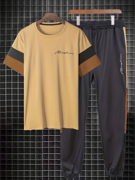 Letter Print, Men's 2Pcs, Stripe Cuff T-shirt And Side Color Block Jogger Pants Set