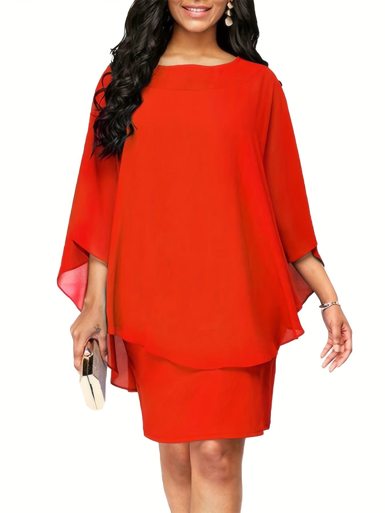 Plus Size Solid Round Neck 3/4 Sleeve Cape Midi Dress, Women's Plus Elegant Slight Stretch Cape Midi Dress