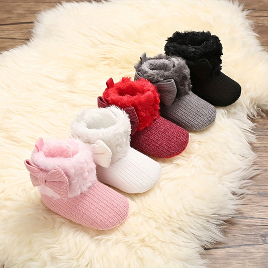 Cute Bowknot Comfortable Boots For Baby Boys And Girls, Soft Warm Plus Fleece Boots For Indoor Walking, Winter