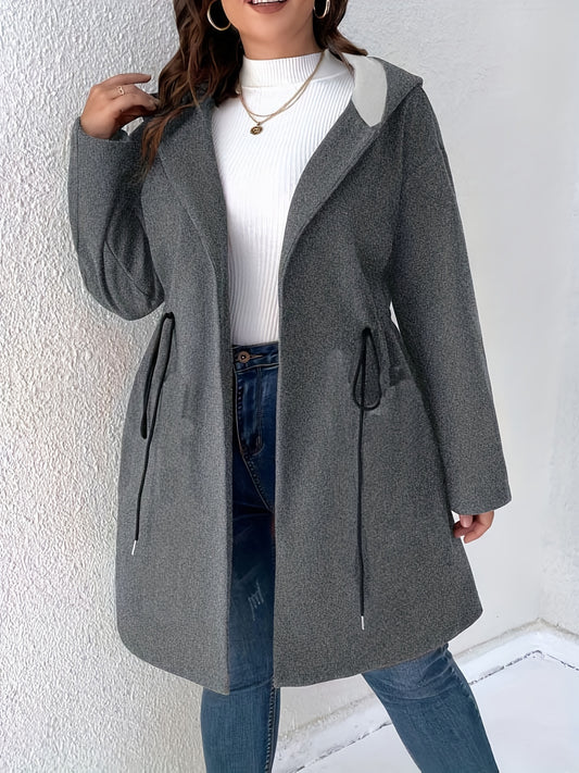 Plus Size Casual Coat, Women's Plus Solid Long Sleeve Hooded Drawstring Waist Longline Wool Blend Coat