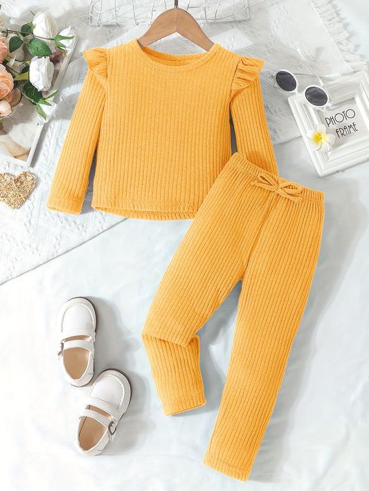 Girl's Solid Color Outfit 2pcs, Ribbed Long Sleeve Top & Pants Set, Kid's Clothes For Spring Fall