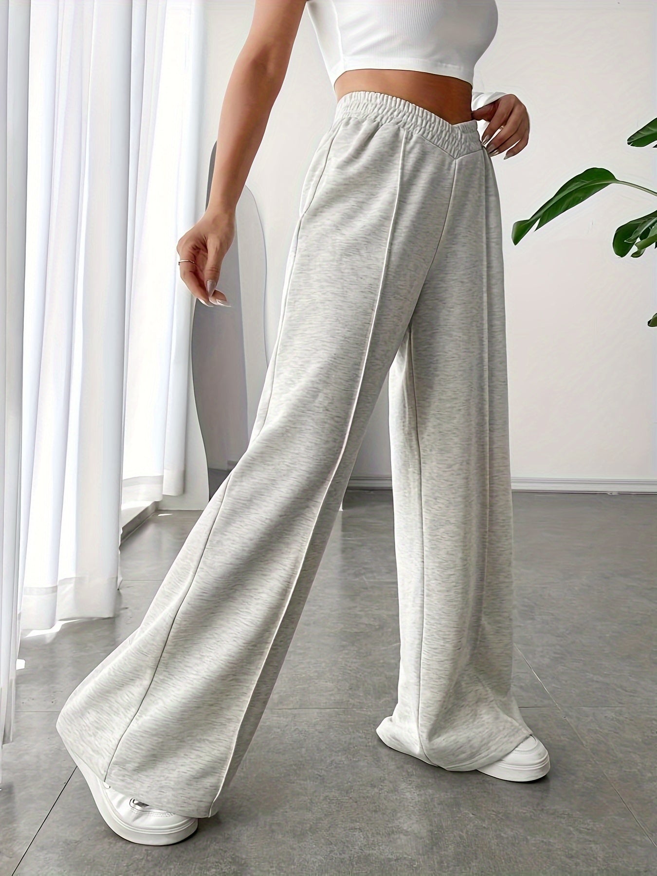 Plus Size Sports Pants, Women's Plus Solid Stitching V-Elastic High Rise Slight Stretch Wide Leg Trousers