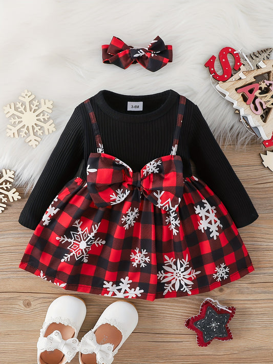 2pcs Baby Girl Christmas Cute Bow Snowflake Print Dress + Headscarf Set