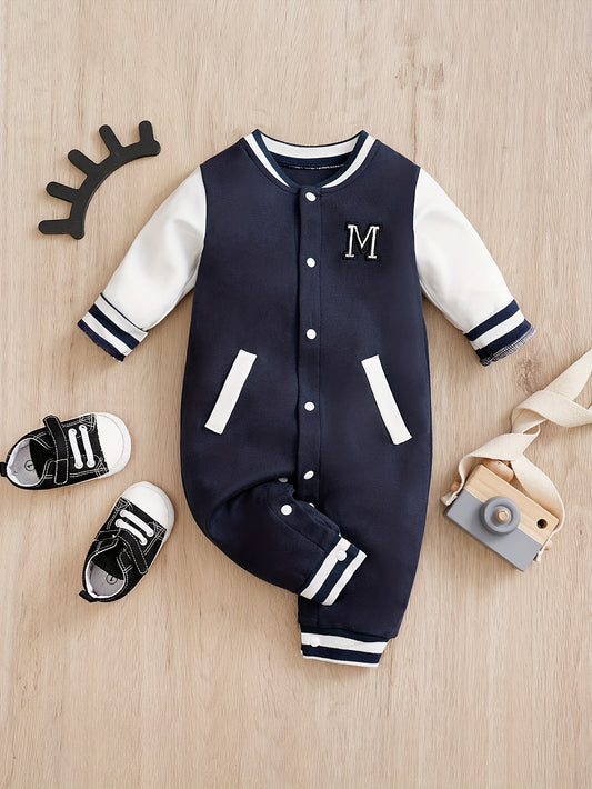 Baby Stylish Letter Color Block Cotton Baseball Jersey, Newborn Infant Boys Long-sleeved Bodysuit For Spring And Autumn