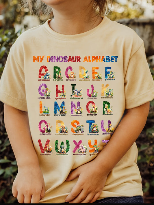 Fancy ''My Dinosaur Alphabets'' Print Boys Crew Neck T-Shirt Lightweight & Comfortable Fit Short Sleeve Tee Top For Toddler Kids