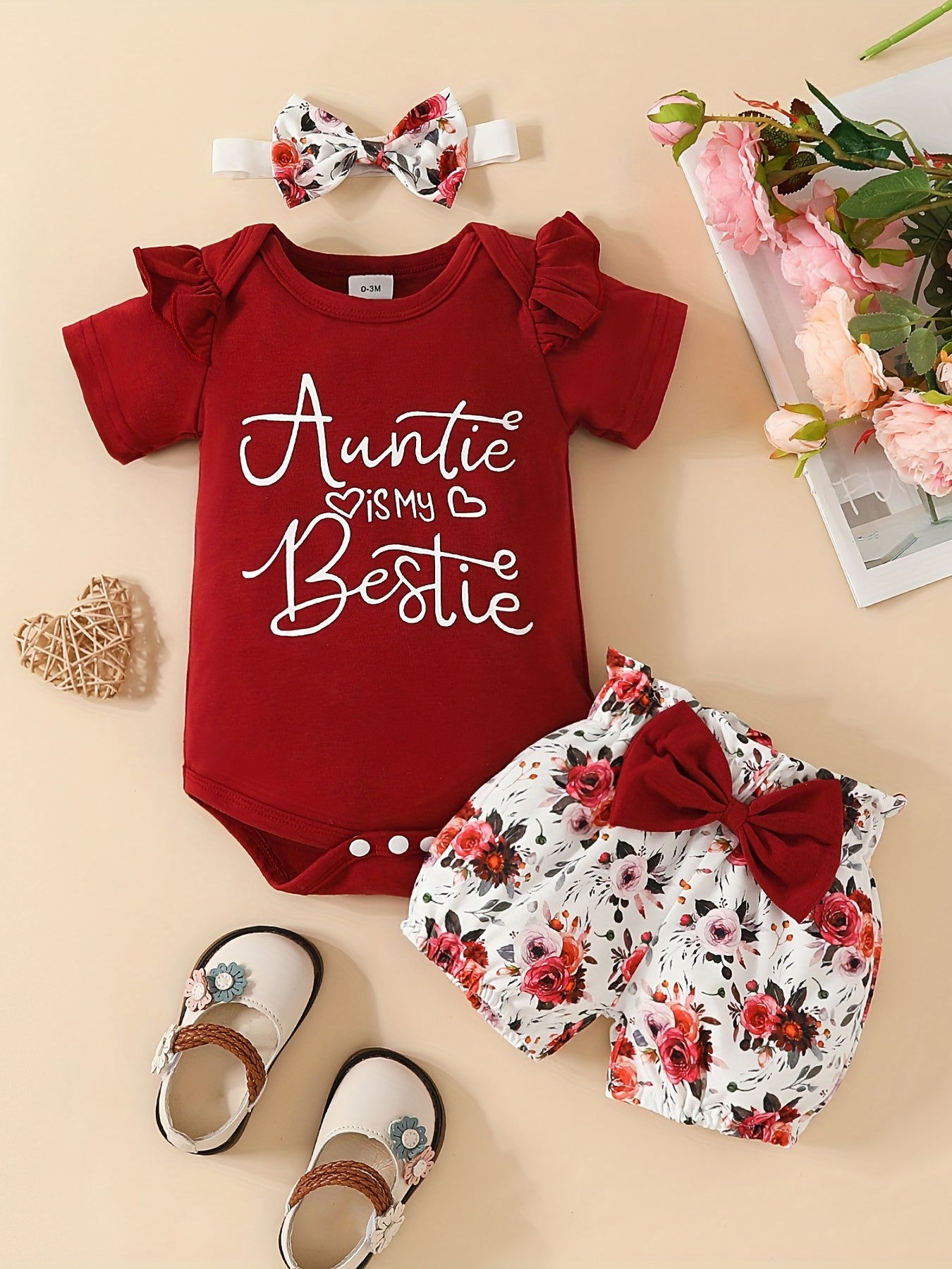 3pcs Baby Girls Cute "Auntie Is My Bestie" Short Sleeve Onesie & Floral Shorts & Headband Set Clothes