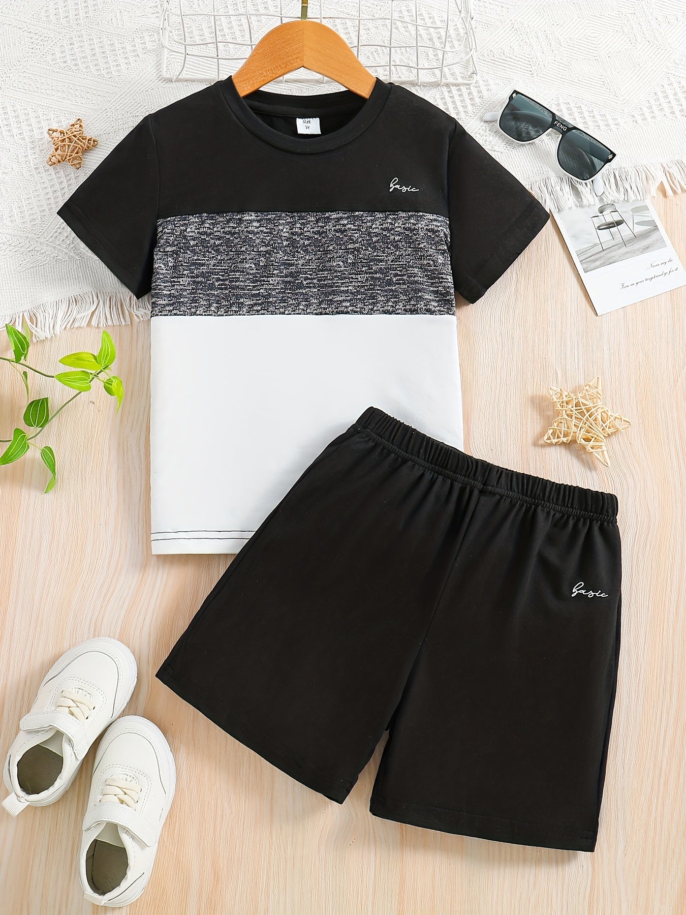 2pcs Boys Casual Color Block Short Sleeve T-shirt&Shorts Set, Comfy Summer Kids Clothing