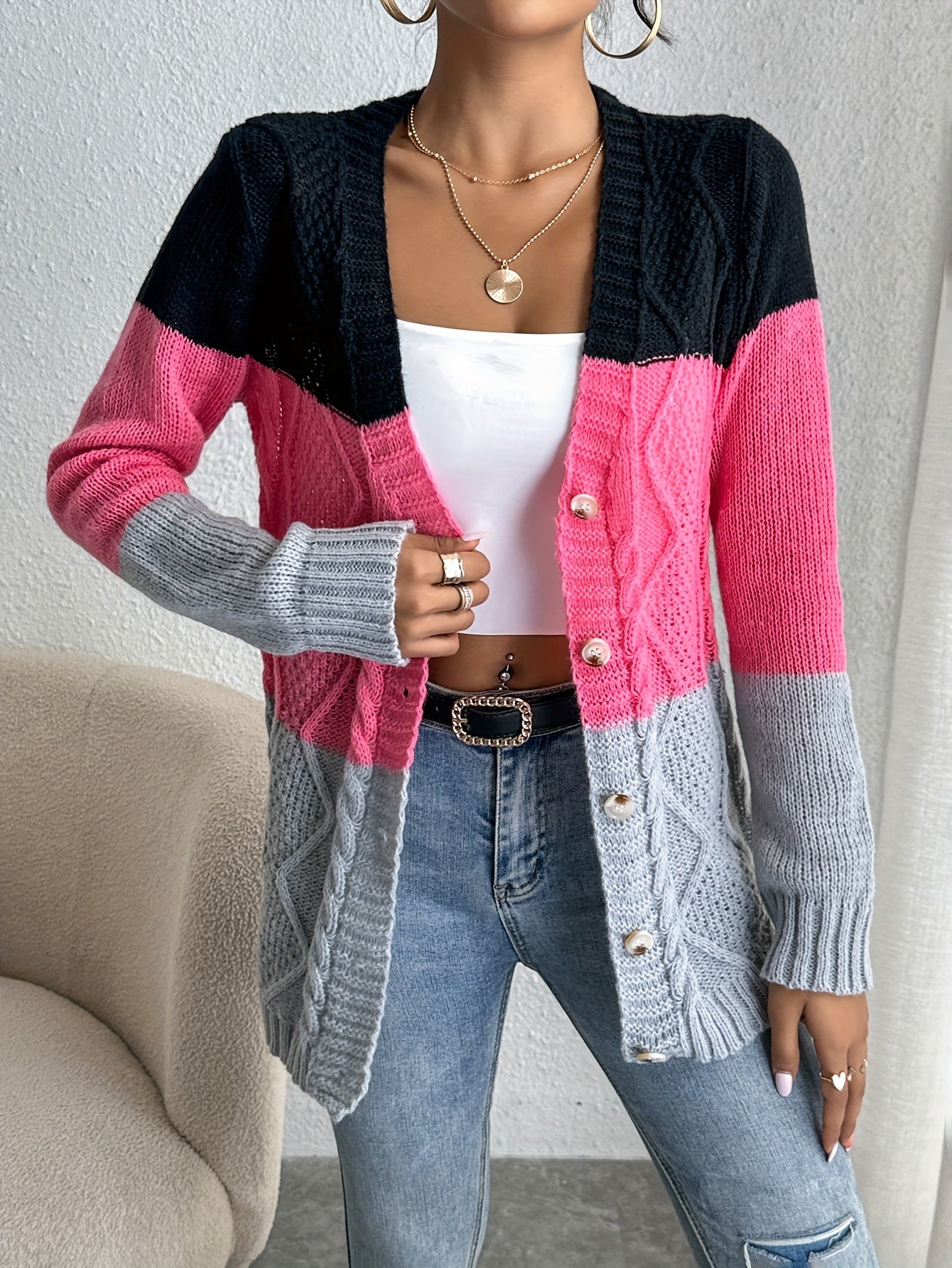 Color Block Button Front Cardigan, Casual Long Sleeve Cardigan For Spring & Fall, Women's Clothing